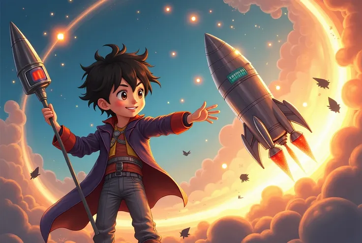 Japanese animation art.
A futuristic young boy magician is casting a powerful spell, summoning a massive rocket weapon from a glowing portal. He holds a metallic staff emitting arcane energy in one hand while controlling a floating tablet with an installed...