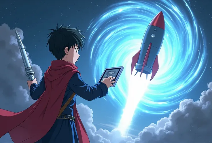 Japanese animation art.
A futuristic young boy magician is casting a powerful spell, summoning a massive rocket weapon from a glowing portal. He holds a metallic staff emitting arcane energy in one hand while controlling a floating tablet with an installed...