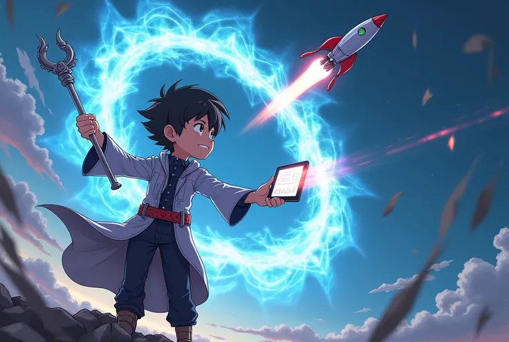 Japanese animation art.
A futuristic young boy magician is casting a powerful spell, summoning a massive rocket weapon from a glowing portal. He holds a metallic staff emitting arcane energy in one hand while controlling a floating tablet with an installed...