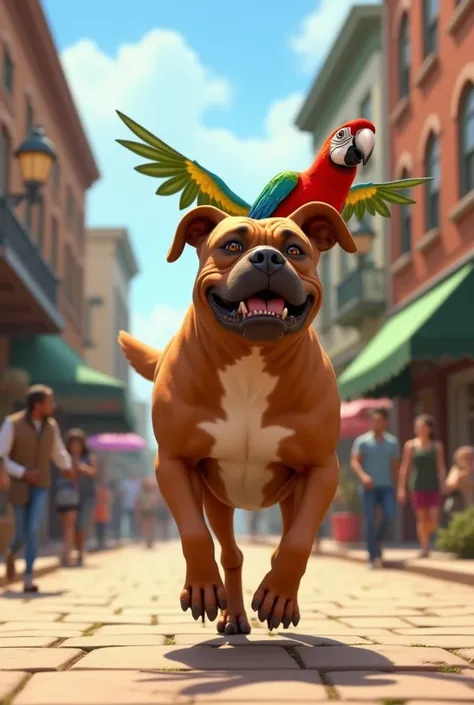 I want to create a visible reel where an Amstaff dog walks around town with a parrot on his back 