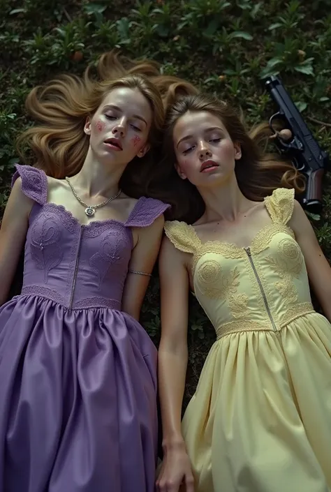  Great quality and detail. Movie frame. 2 18 year old girls , princess dresses purple and light yellow dresses, They lie dead in the woods,  with his mouth open and his eyes wide open,  with bleeding gunshot wounds to the forehead. There are 2 guns lying n...