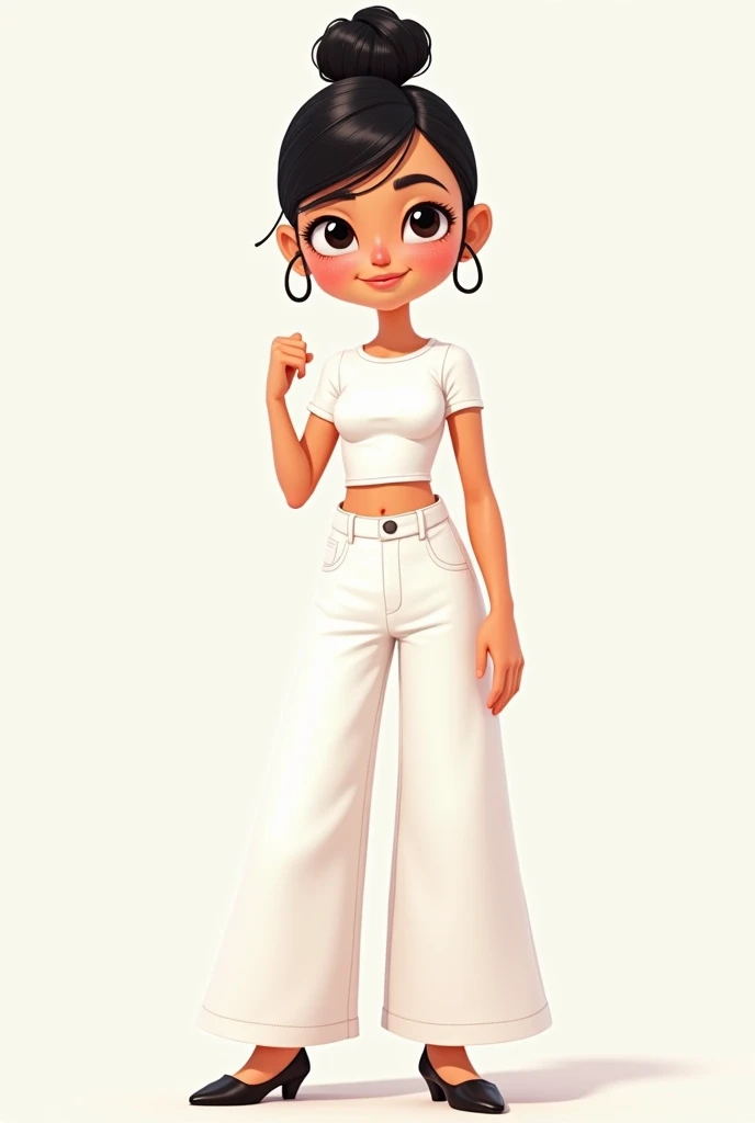 cute cartoon character, bun black hair, wearing white shirt croptop and white wide leg jeans, office heels