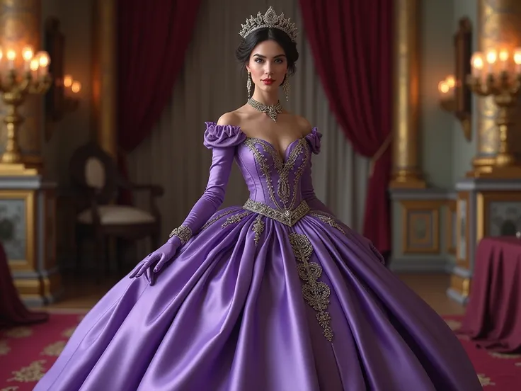 adult woman wearing large purple princess dress with satin gloves long purple