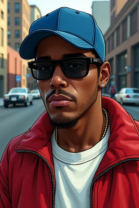 Cj GTA San Andreas version with blue cap facing backwards with black lenses, And a red jacket with a white shirt inside