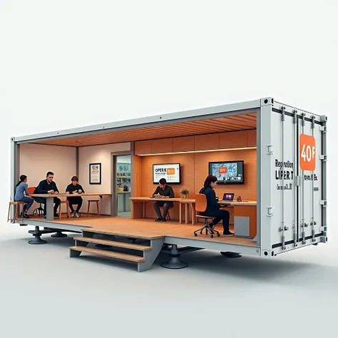 classe numérique en conteneurs 40 pieds du nom de Open DigiLab Voici une représentation du conteneur Open DigiLab en blanc avec un branding en orange et noir. L'image illustre un espace numérique mobile axé sur les compétences STEM, le codage et l'accès à ...