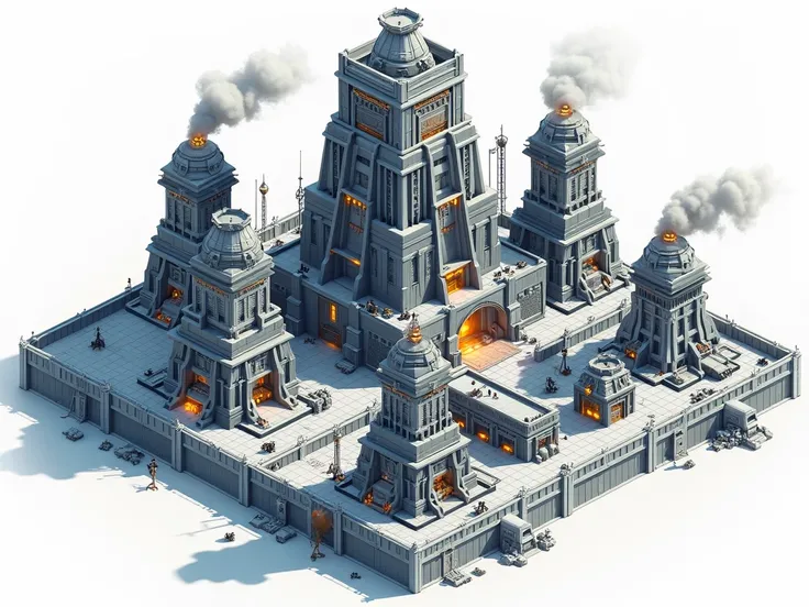 Isometric RTS-style game scene of a futuristic human faction constructing a massive city. Military barracks, towering walls, and automated turrets dominate the battlefield. The expansion is overwhelming, with drones, engineers, and robotic builders rapidly...