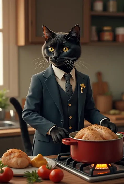 A tall skinny realistic black cat in a suit in the kitchen placing chicken in the pot on the fire and seasoning 