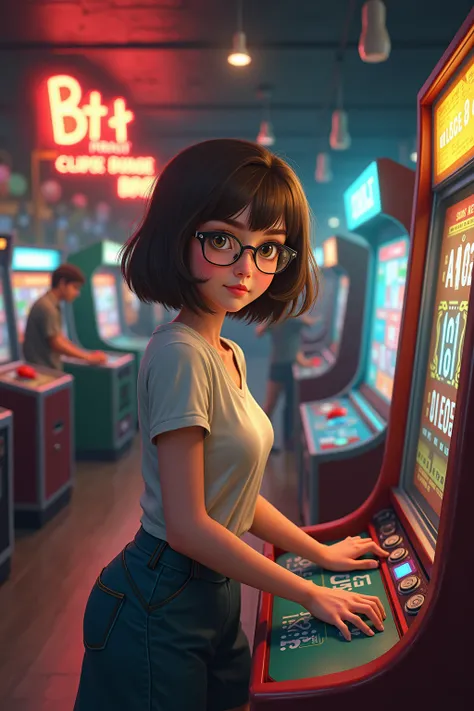  Nora, A girl with short brown hair (Over the shoulder) and with glasses, Working at the arcades of a bowling alley