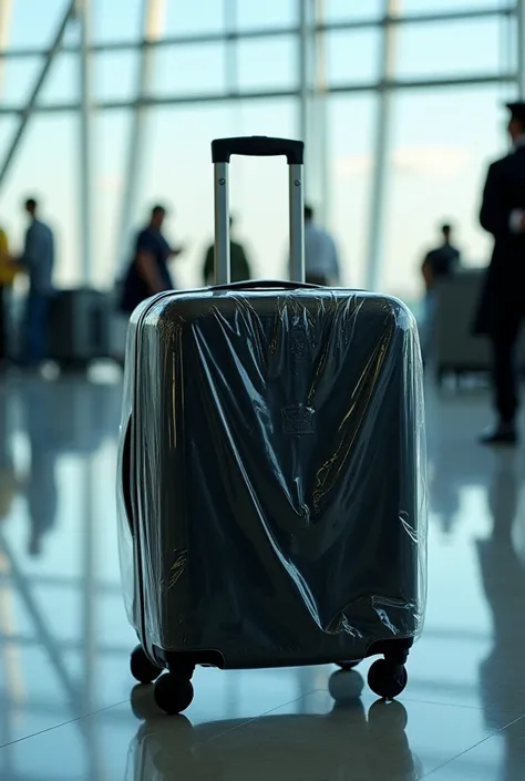 The image of a black cotton suitcase laminated in plastic film for shipment placed at the airport 