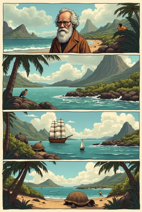  Generate a comic, With 4 comics, no text, About Charles Darwin's trip to the Galapagos Islands