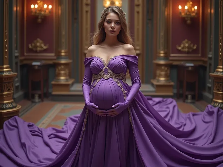 woman wearing large purple princess dress with satin gloves long purple pregnant