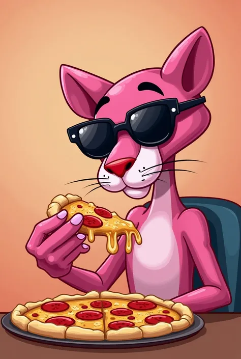 Create a pink panther with dark glasses eating pizza with emotion