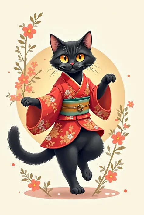 American Shorthair Black Tabby's cat wearing a kimono dance illustration video