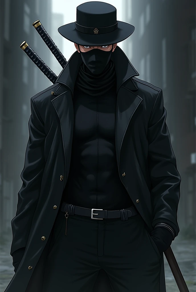  Create an image of a man in a black tactical suit, wearing a Russian hat ,  a mask and wearing 3 black katanas , Use the anime drawing style 