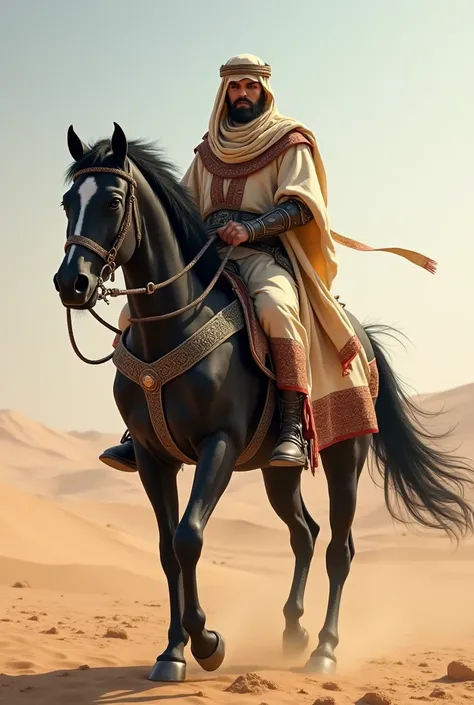 An Arab knight on a black horse wearing Arabic clothes 