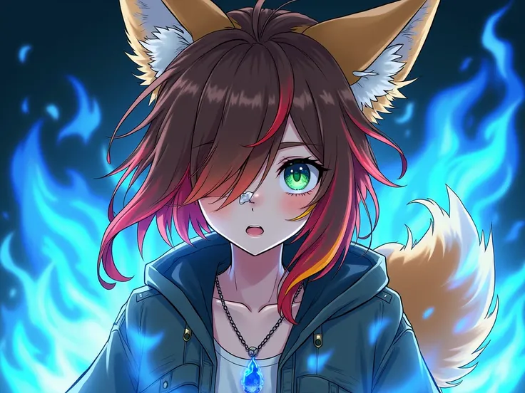 Anime tomboy fox body rough brown hair right eye covered by red orange yellow highlights green left eye band aid on nose blue fire charm