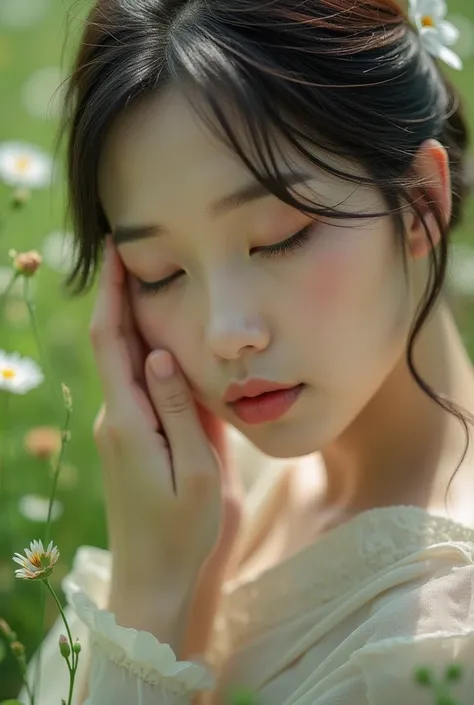 Beautiful Asian woman puts hands stroking her face close up camera angle, background is meadow