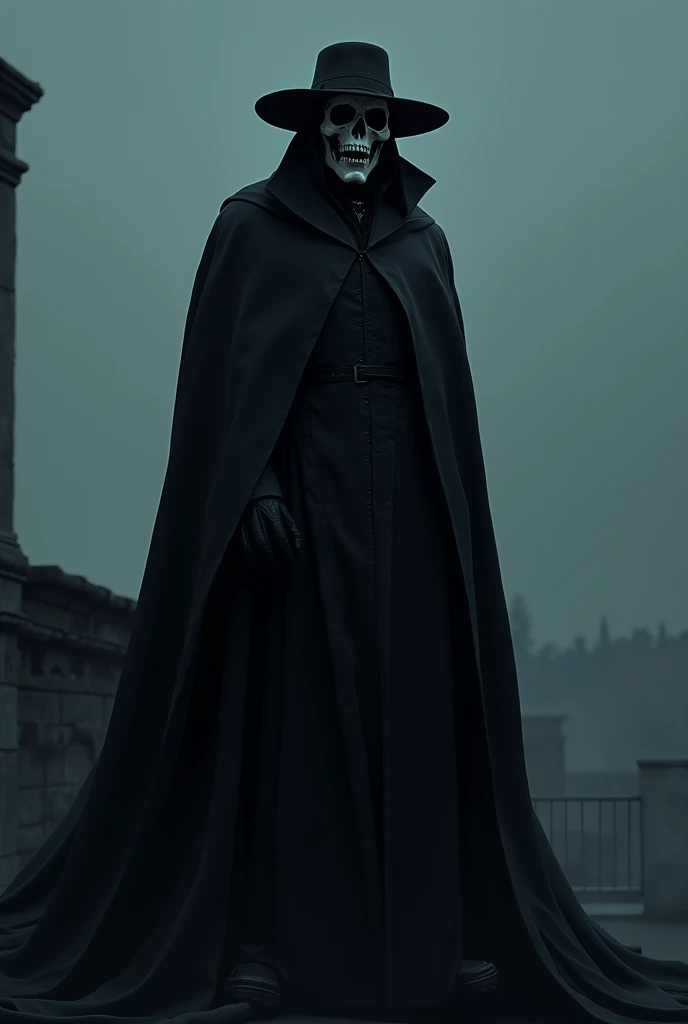 Black cloaked and cape costume skull face mask wide brim fedora hat long cape standing on roof 