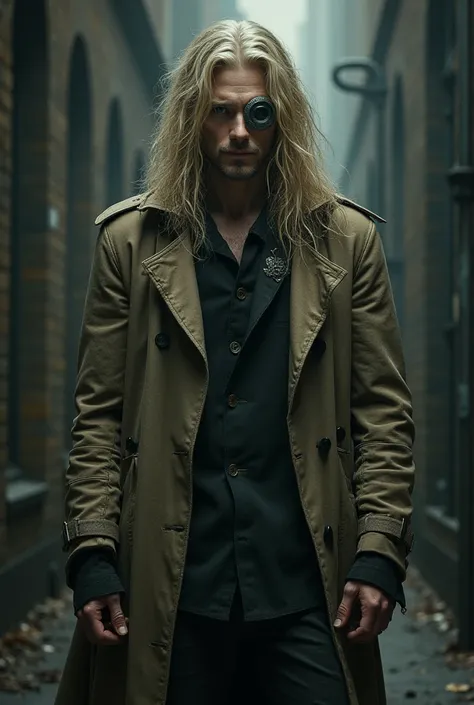 Man of normal build without a beard, long blond hair, gray blind eye and a trench coat.