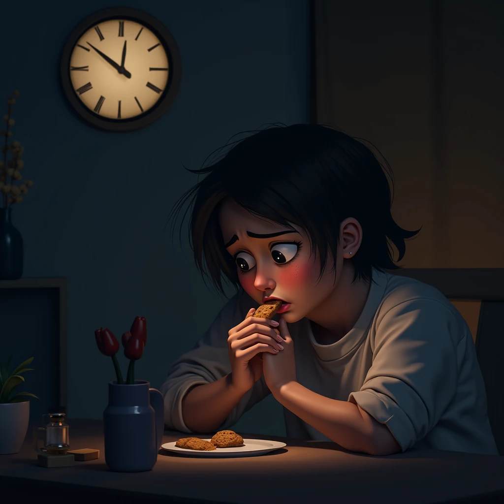 A clock showing 10 PM and a person eating a snack, looking guilty