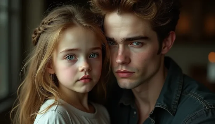 a chubby  girl with blonde hair and thin eyebrows, edward cullen from the twilight saga, looking at the camera, high quality portrait, cinematic lighting, photorealistic, octane render, concept art style