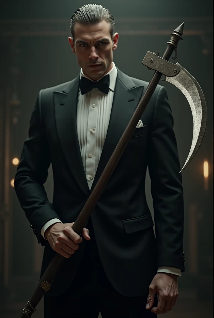 make a man, wearing a tuxedo and using a long sickle (The weapon )