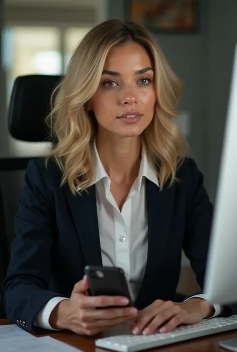 A beautiful 38-year-old woman, with shoulder-length blonde hair, detailed eyes, nose and lips, wearing professional clothing, sitting in her office, using her cell phone in her hand and computer on the HP desk (best quality, 4K, 8K, high resolution, art: 1...