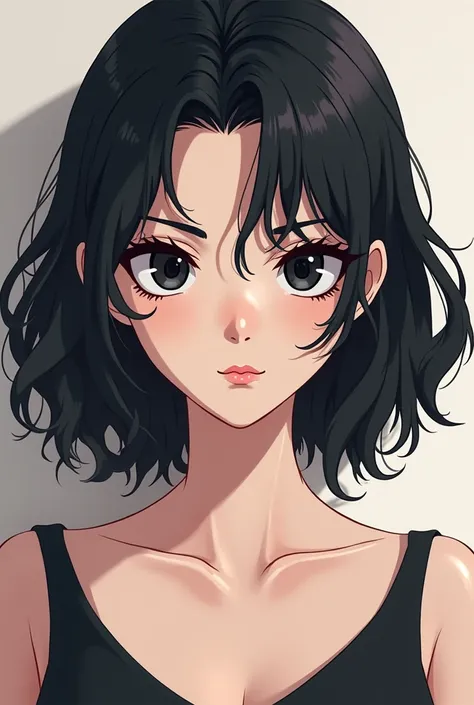 could you make an icon of an anime OC. the girl has 21 years old, shoulder-lenght wavy dark hair and black eyes. she has dimples but keeps on a serious expression regularly. she has very dark eyes (almost black) and pale skin  and sharp features