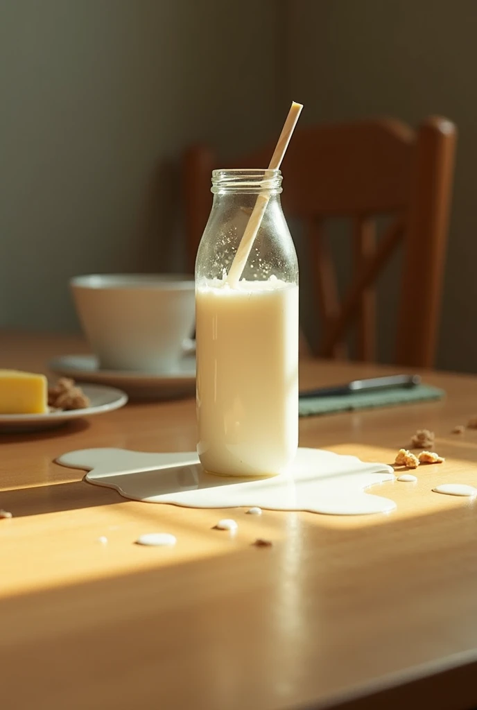  Here is a realistic cinematographic description of the scene :  

A câmera se aproxima Slowly de uma cozinha iluminada por uma luz suave de fim de tarde.  The light wooden table reflects a warm glow ,  with small details—forgotten crumbs ,  a half-full gl...