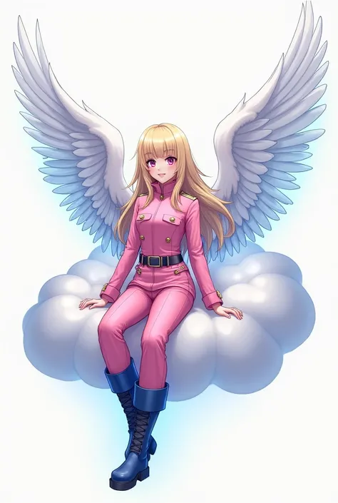    Young adult woman with angel wings ,  blond hair,pink military clothing, simple pink army pants ,no ring on her head ,blue boots, pink eyes,   with blue energy in her body  ,sitting on a cloud ,   On white background   ,2D anime version  