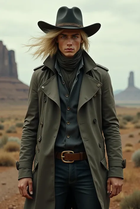 Man of normal build without beard, long blond hair, gray blind eye, a trench coat and a cowboy hat, 20 years old, left eye, gray, blind.