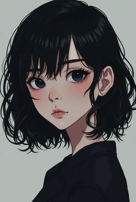 could you make an icon of an anime OC. the girl has 21 years old, shoulder-lenght wavy dark hair and black eyes. she has dimples but keeps on a serious expression regularly. she has very dark eyes (almost black) framed by pronounced eyebags, pale skin  and...