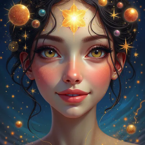 Create a smiling woman with astrological elements in the photo
