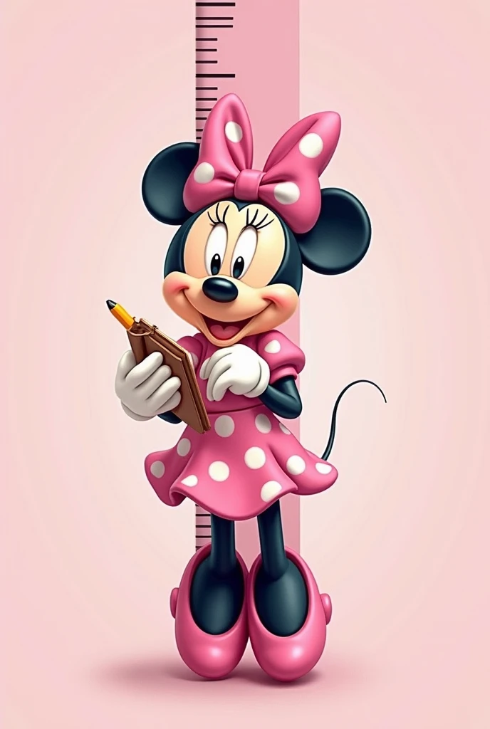  Generate vertically a pink Minnie holding a notebook and pencil , image in the shape of a ruler  