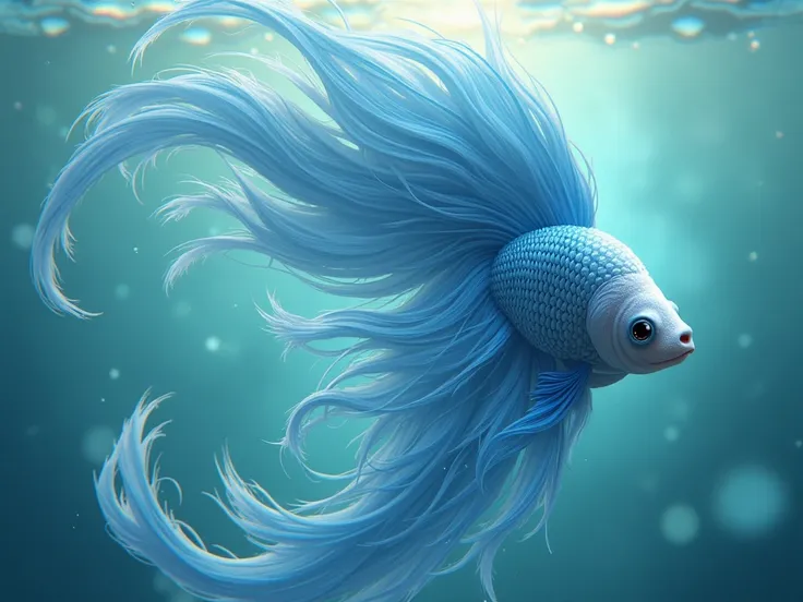 Anime girl with long sky blue waterfall hair with betta fish body and human face underwater