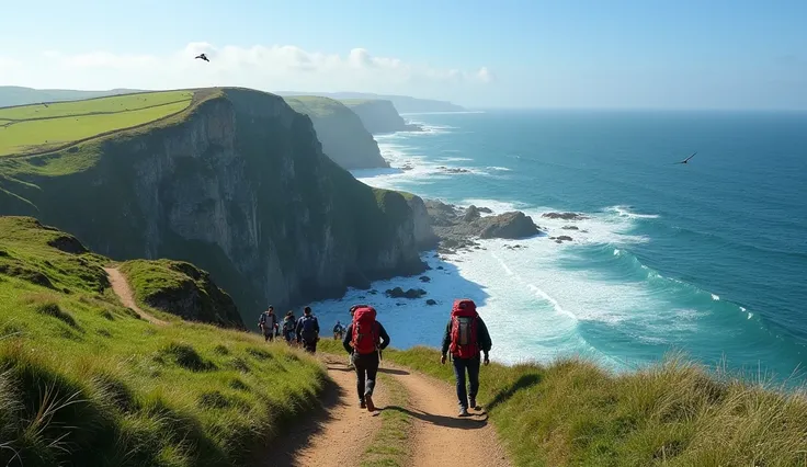 " A narrow path with views of the Cantabrian Sea ,  tall cliffs and green hills .  Some pilgrims with backpacks advance , enjoying the coastal landscape .  The waves crash against the rocks ,  and the sky is clear with some seagulls flying."