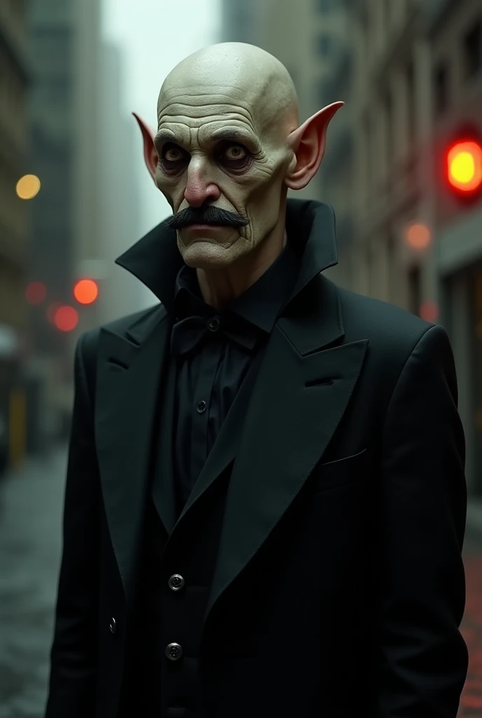 A deformed and ugly nosferatu vampire, CALVO, By Bigo,  to wear an elegant black suit, With a mustache, And he has a menacing look...  make it realistic in a city environment. The suit has a high collar. He's very very ugly