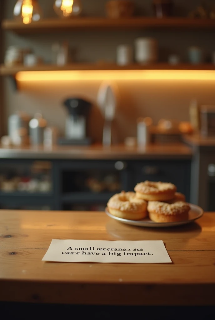 "The final scene shows a peaceful bakery with a warm glow. The camera zooms in on a small piece of paper placed on the counter, which reads, 'A small gesture can have a big impact.' The atmosphere is calm, and the message conveys a sense of reflection and ...