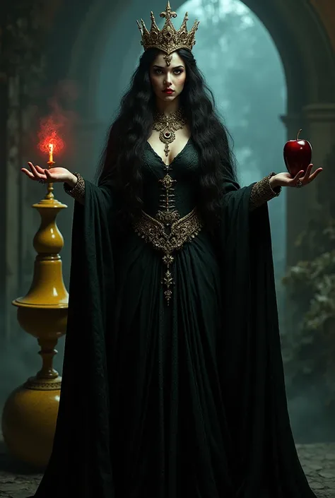 girl, black long haired ，Black Queen ，Accessories， Apple in Hand ，poison apple，witch queen， red lipstick , yellow brazier