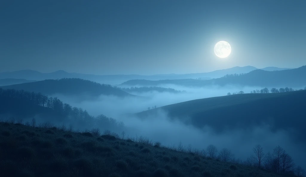 Calming night view of fog rolling over hills under a full moon, in soft blue tones