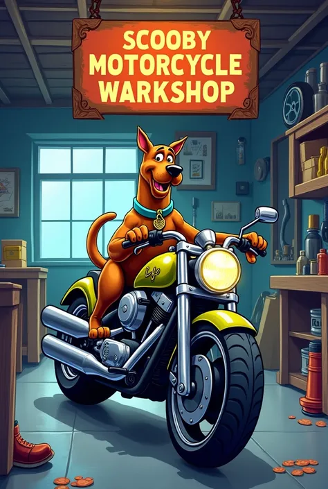 Scooby on top of a motorcycle and above that says Scooby motorcycle workshop
