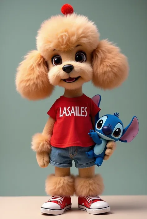  A full body photo,  seen from below,  Of a Poodle breed dog,  anthropomorphic , with a red t-shirt written in white letters LASALLES And denim shorts and red All Star shoes and a red top on the head holding a stuffed animal from Stitch