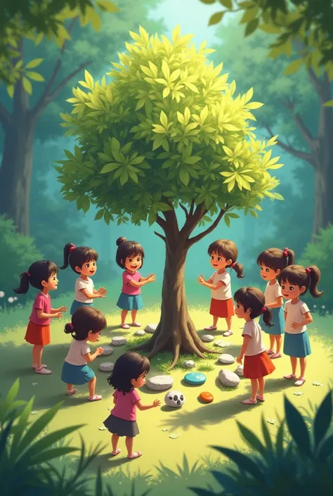 An image of a group of girls around a small tree and decorating it with surrounding stones forming the number 601