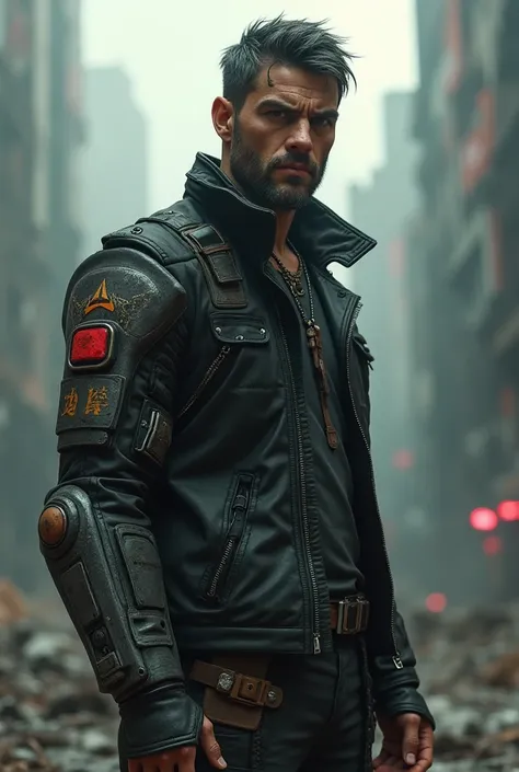 "Post-apocalyptic mercenary man, tall and muscular, short dark hair with gray streaks, scar across left eyebrow to chin, stubble, cybernetic left arm with exposed cables and rusted details, wearing a worn black leather jacket with faction symbols, combat b...