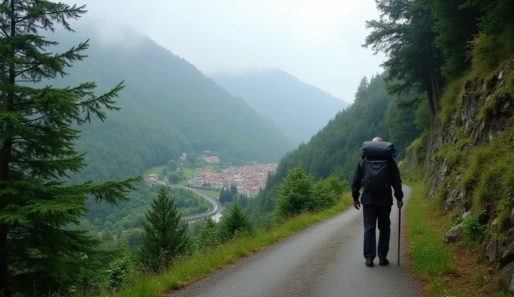 " A mountain road in Asturias with light fog covering the valley . A pilgrim with a cane AND BACKPACK climbs a steep slope surrounded by lush forests. in the distance, a small town with stone houses and reddish roofs ."