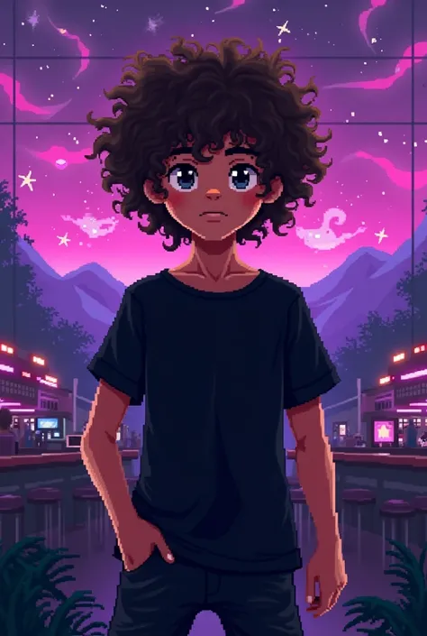 Create pixel art,  A curly haired boy , dressed in black at a club with lights and purple landscape