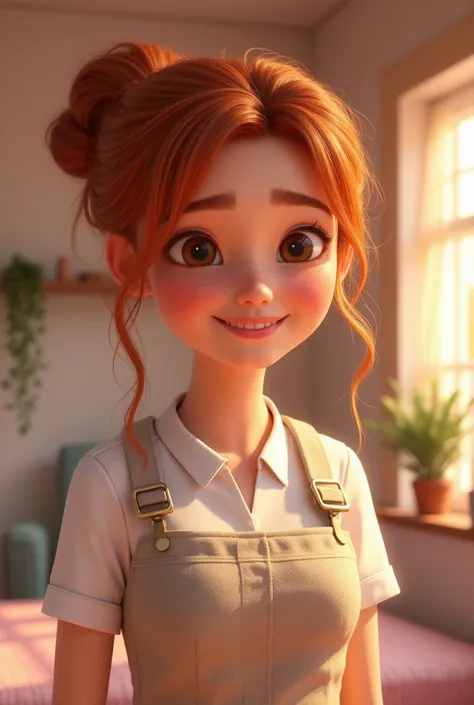  Pixar-style girl working manicurist smiling thick lips, copper hair and thin cheekbones 