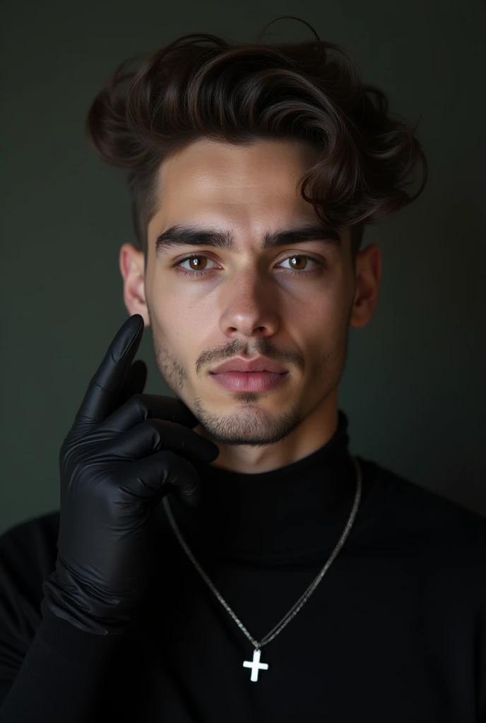 Light-skinned 22-year-old boy, brown eyes with discreet dark circles, curly hair finished in a gradient cut, pale, almost white lips, thin beard,  Wearing black clothes, black gloves and a simple silver cross pendant around the neck