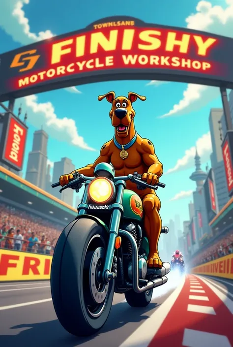 Scooby doo on top of a ninja Kawasaki crossing the finish line with a sign above the Scooby motorcycle workshop