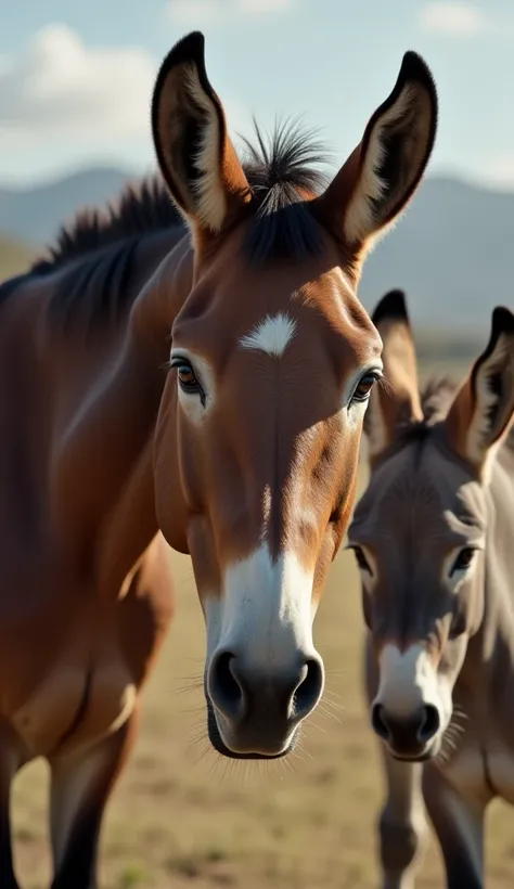 The horse smugly approaches the donkey and teases it with a mocking expression. The donkey looks sad and insulted. The scene captures the contrast between the horse’s arrogance and the donkey’s struggle. Ultra HD, 5K quality.